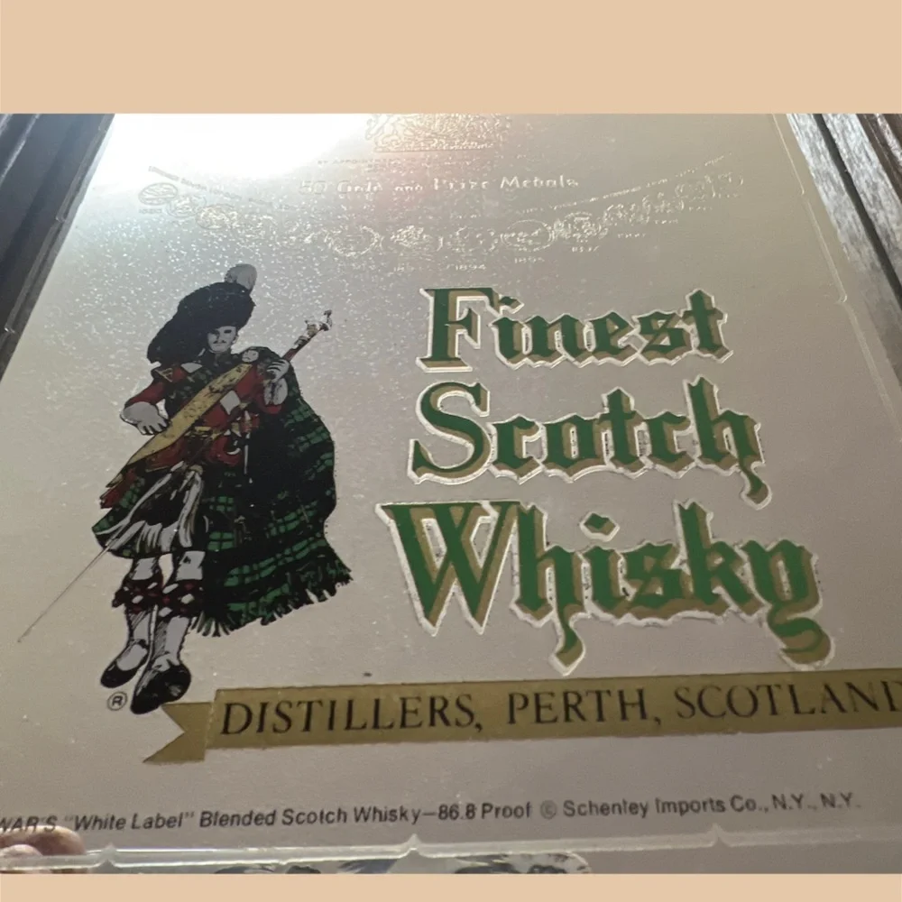 Vintage Scotch Whisky Dewars White Label Bagpiper Framed Mirror Sign 14